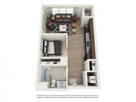 Floor plan for studio, 1 bath, 608 sqft